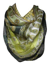 Load image into Gallery viewer, Self Embossed Striped Paisley and Floral Bordered Silk Satin Square Bandana Neck Scarf / Head Scarves / Neckerchief / Hair Tie